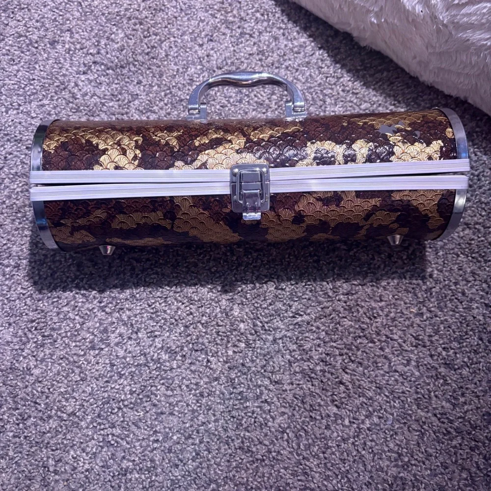 Unbranded Cylindrical Hard Case Women OS Gold Brown Good Metallic‎ Fan Pattern